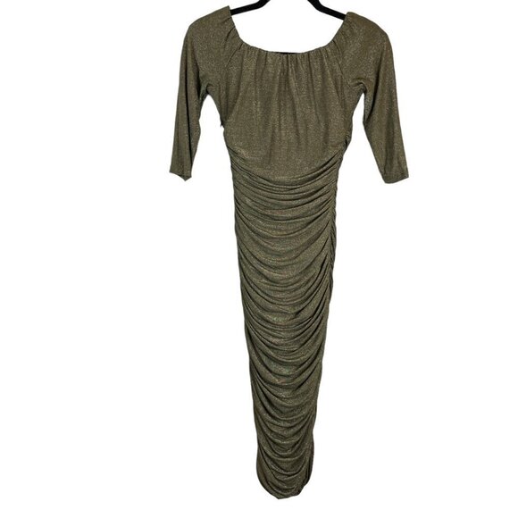Laura Byrnes California Monica Pinup Ruched Wiggle Dress Gold Olive S - Picture 13 of 14